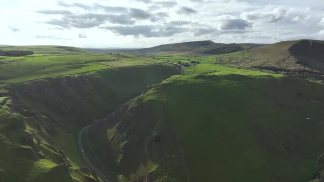 Winnats Pass from a drone, Castleton, Hope Valley, Peak District National Park, Derbyshire, England, UK