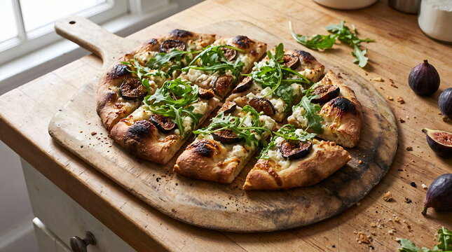 Artisanal Fig and Goat Cheese Flatbread Sliced on Wooden Peel for Wedding Buffet
