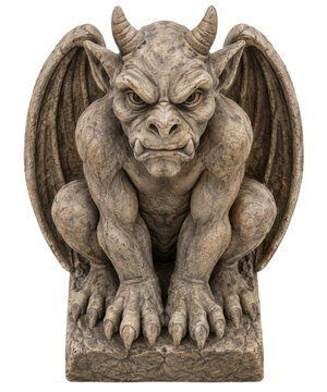 Detailed stone gargoyle statue with wings and horns isolated on a clean white background