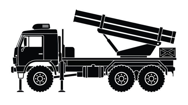 Military rocket launcher truck silhouette illustration featuring a heavy duty tactical vehicle design for defense industry projects and graphic assets
