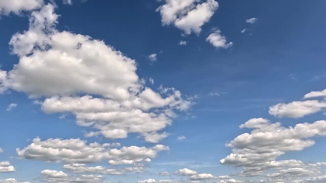 Beautiful clouds flight to the left in the blue skies. 4K video (Ultra High Definition) of cloudscape and bright sun. Sky and clouds Timelapse. Sun shines through the clouds on blue sky background.