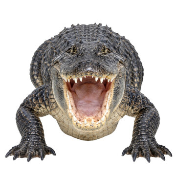 American alligator with open jaws isolated on a white background for wildlife education