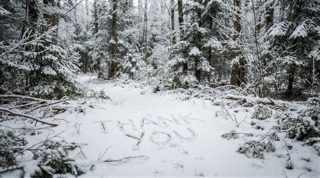 Thank you message written in snow in forest clearing winter scene