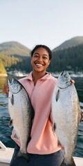 Fototapeta premium Smiling woman holding two big salmon on a boat at a mountain harbor for fishing banner and outdoor lifestyle background