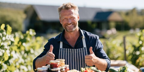 Obraz premium Male vendor smiling with thumbs up and jars of preserves at a vineyard stall for banner and product promotion