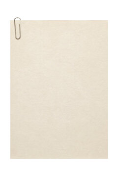 A single sheet of textured beige paper attached with a metallic silver paperclip on white