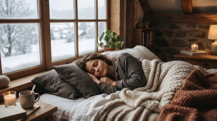 Fototapeta premium Woman sleeping under blanket by window in snowy cottage