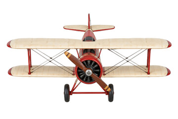 Vintage biplane model with red frame and cream wings isolated on a clean white background © Ophelia