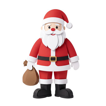 3D Paper Craft Santa Claus Character Holding a Christmas Gift Sack on White Background