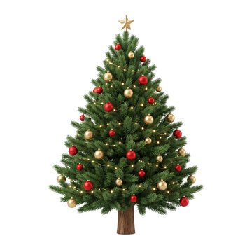 Decorated Christmas tree with red gold baubles and star topper isolated on white background