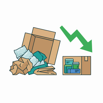 Ecommerce packaging waste reduction concept. Decreasing cardboard and plastic shipping materials. Flat design vector illustration