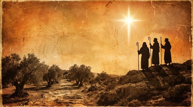 middle eastern biblical shepherds watching shining star on hill with olive trees. vintage christmas nativity concept. greeting card, banner, website header