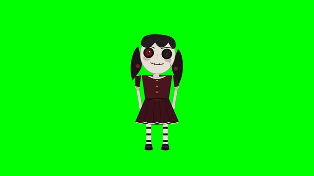 Creepy Doll Character Head Tilt Animation on Green Screen Background for Halloween Project