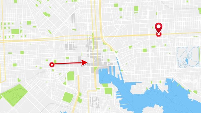 Animated New York City Map With Red Navigation Route and Destination Pin, New York State, USA
