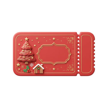Festive red stub ticket icon with golden Christmas tree design for winter event pass and party invitations