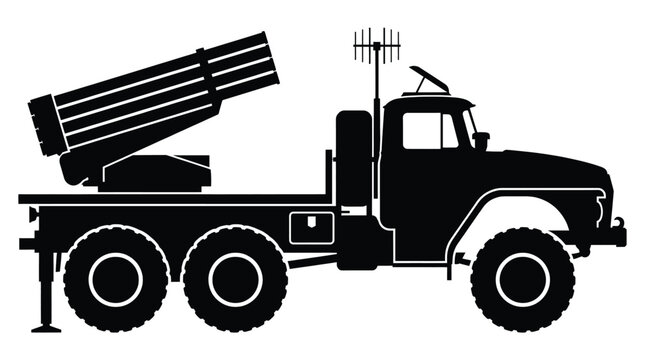 Multiple rocket launcher vehicle silhouette vector illustration featuring a heavy military truck with a large artillery system for tactical operations