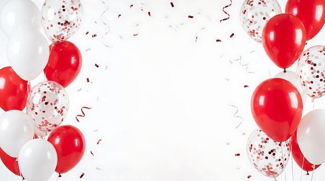 Red and white festive balloons with confetti border on white background confetti celebration background