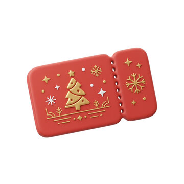 3D red Christmas ticket with gold embossed tree and snowflake patterns isolated on white for holiday events