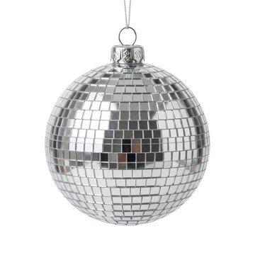 Silver shiny disco ball Christmas ornament hanging isolated on white background for New Year party