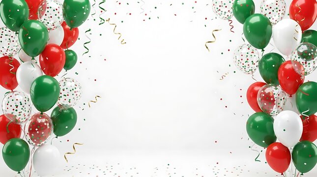 Green and red festive balloons with confetti and ribbons on a white background balloons confetti celebration