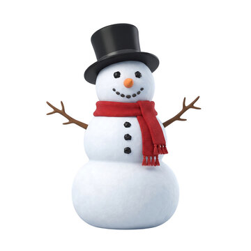 Classic 3D snowman character with black top hat and red scarf isolated on white background