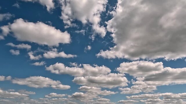 Beautiful clouds in the blue skies mooving forward. 4K video (Ultra High Definition) of cloudscape. Sky and clouds Timelapse. Sun shines through the clouds on the blue sky background.