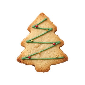 3D christmas tree sugar cookie with green zigzag icing isolated on white background for festive holiday