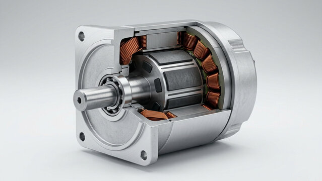 Electric motor cross section cutaway showing internal copper windings rotor stator and bearing on clean background