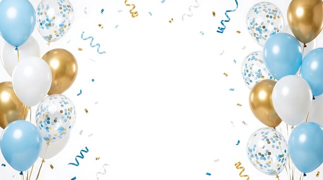 Blue and gold festive balloons with confetti and ribbons forming a side border on white background
