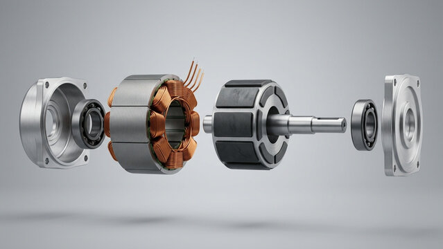 Electric motor exploded view showing stator copper windings rotor shaft and ball bearings 3D technical rendering on grey background