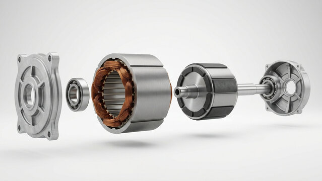 Electric motor exploded view components showing stator with copper windings, rotor shaft, bearings, and metallic housing on white background 3D render