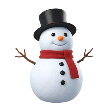 Cute 3D snowman character wearing black top hat and red knitted scarf isolated on white background for winter holiday