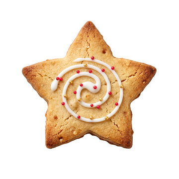 Star shaped christmas gingerbread cookie with spiral white icing isolated on white background