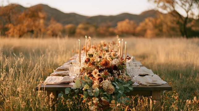 Long rustic wedding banquet table decorated with autumn flowers and candles in a scenic meadow at sunset