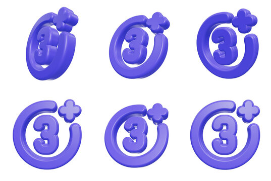 Purple 3D three plus age restriction icons from multiple angles