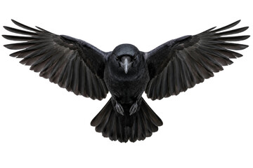 Fototapeta premium A majestic black raven captured in full flight with wings spread wide against white background
