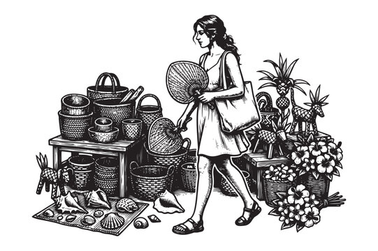 Vintage engraving illustration of a woman walking past a market stall with engraving