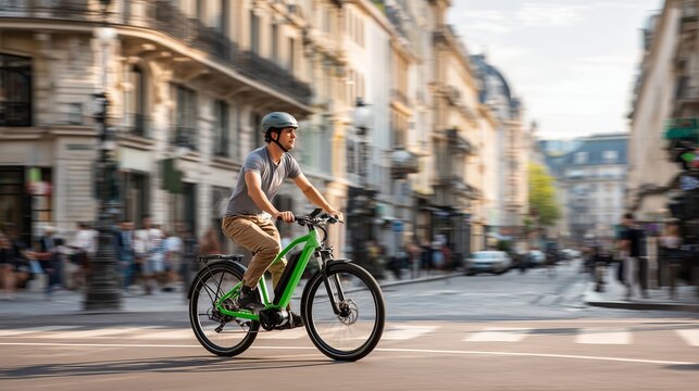 Man Riding Electric Bicycle in European City Street