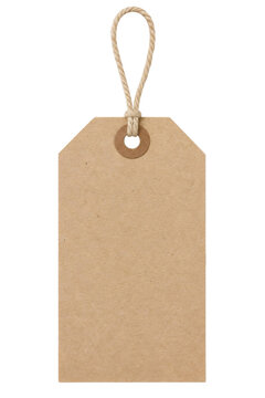Blank brown cardboard price tag with a rustic twine loop isolated on a white background