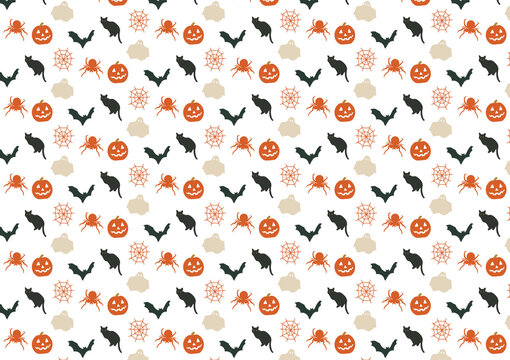 Cute Halloween Seamless Pattern with Cats, Ghosts, Pumpkins, and Spiders