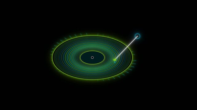 Futuristic glowing neon vinyl record playing music with spinning glowing green lines in abstract motion footage