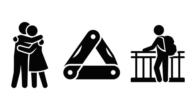 Minimalist vector illustration of hugging couple triangular connector person sitting with backpack vector icons