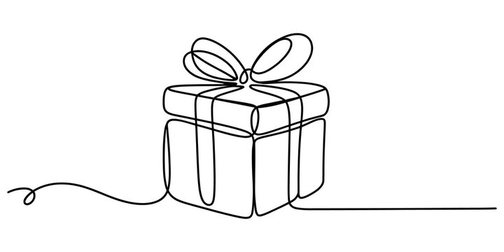 Gift box with a ribbon bow drawn in a single continuous line style isolated on transparent background, Vector