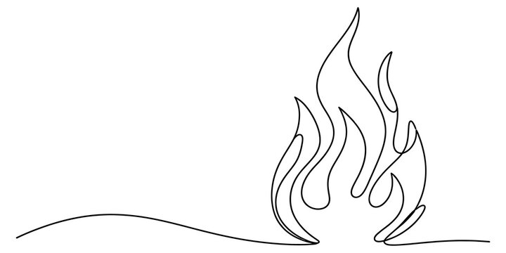 Simple black and white fire flame continuous line drawing illustration isolated on transparent background, Vector