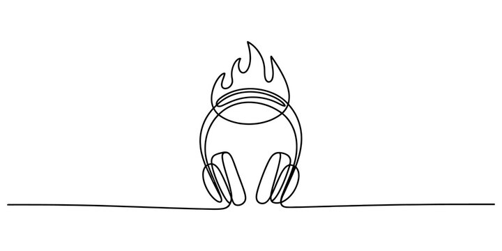 Continuous single line drawing of headphones with fire flames representing hot music and audio performance in a minimalist style isolated on transparent background, Vector