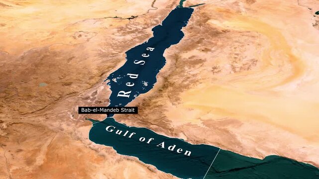 Bab-el-Mandeb Strait between Red Sea and Gulf of Aden on 3D satellite map, key global shipping chokepoint between Yemen and Africa, map animation