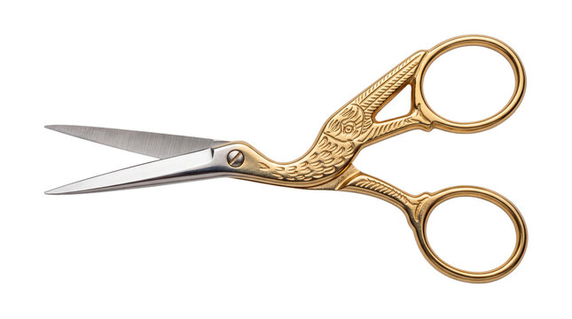 Vintage stork embroidery scissors with gold handles, ornate crane sewing shears for needlework, decorative metal tailor tool for crafting isolated PNG with Transparent Background
