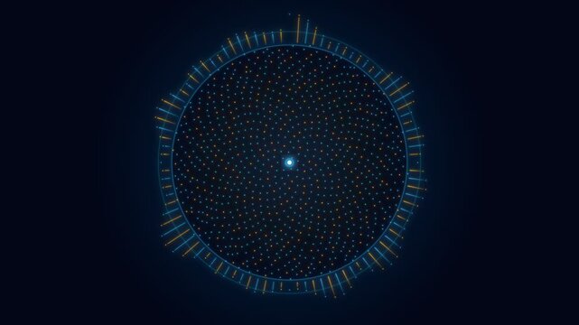 Glowing blue and orange audio equalizer circle pulsating with digital particles in motion video footage