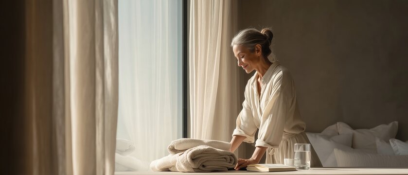 Senior Woman Folding Fresh Laundry by Window in Morning Light