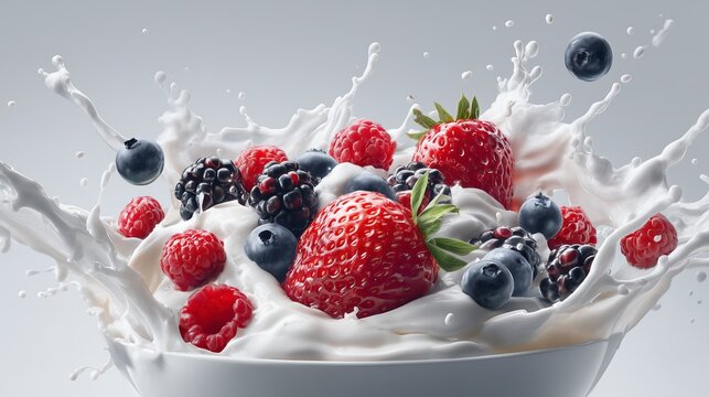 Fresh Mixed Berries Splashing into White Yogurt Bowl